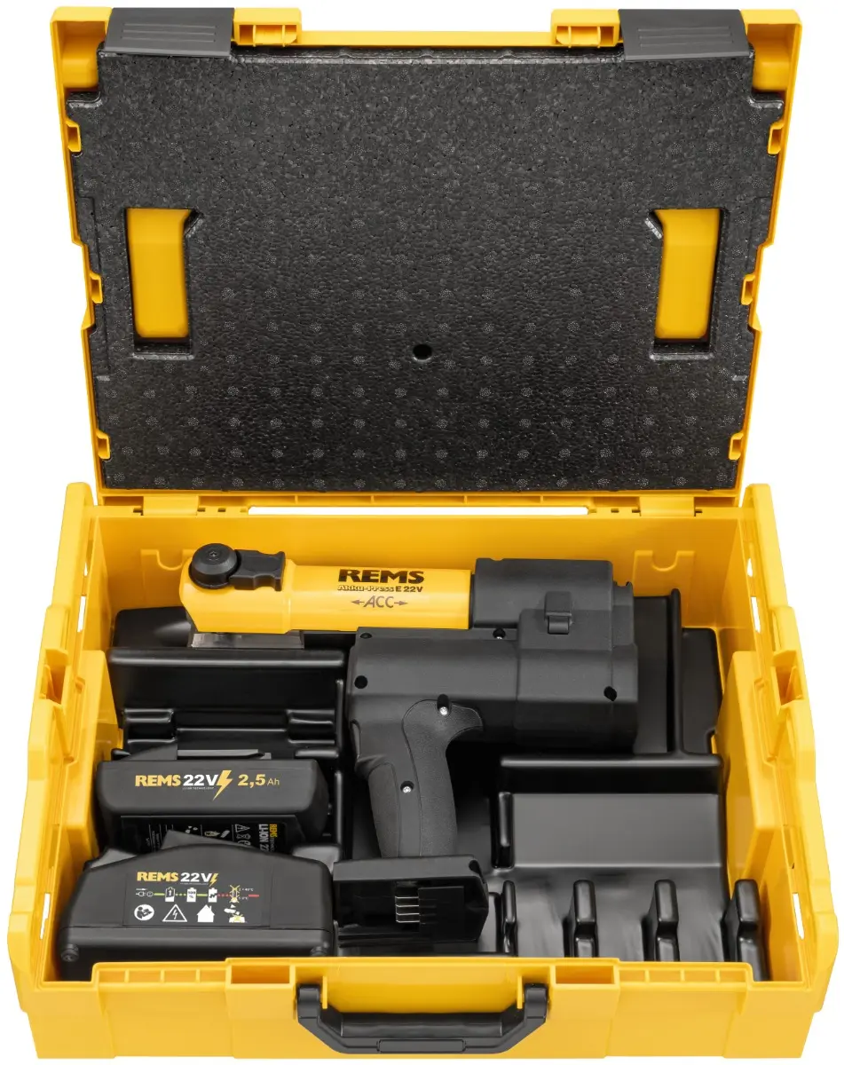 Sertisseuse radiale électro-hydraulique AKKU-press E 22V ACC - 32kn - Avec 1 batterie, 1 chargeur rapide - En L-Boxx - REMS - 576017 R220