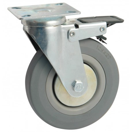 Roulette caoutchouc pivotante Ø50 à platine rectangulaire + frein AVL - Charge 50 kg - 557950H