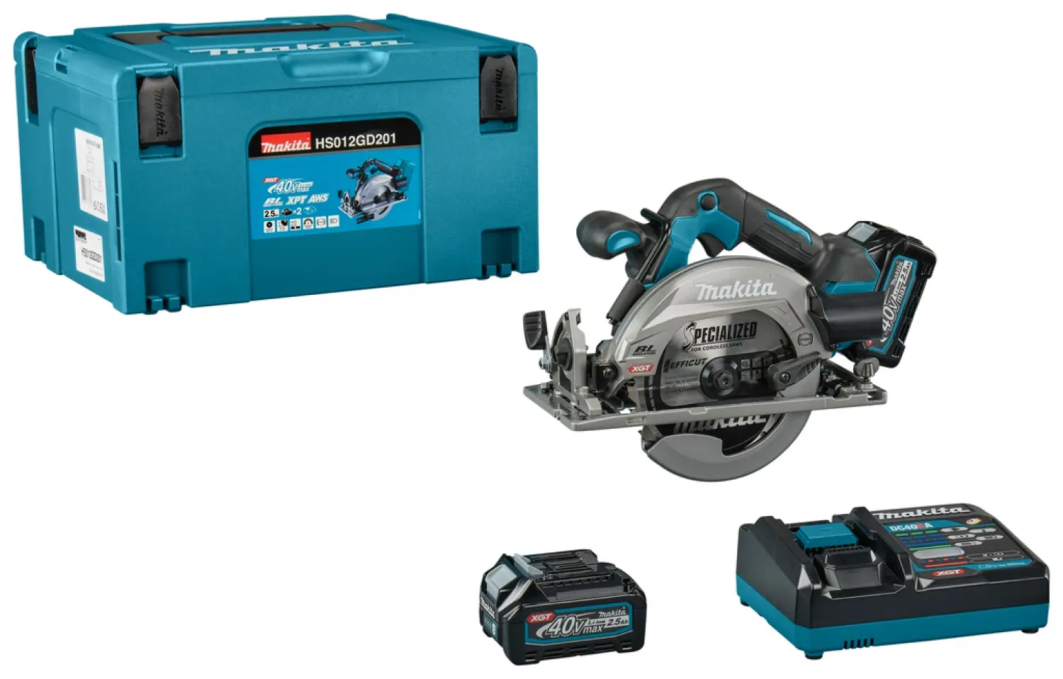 Scie circulaire XGT Scie Ø 165 mm livrée avec 2 batteries 2,5 Ah, 1 Chargeur rapide DC40RA, 1 Coffret Makpac 3 - MAKITA - HS012GD201
