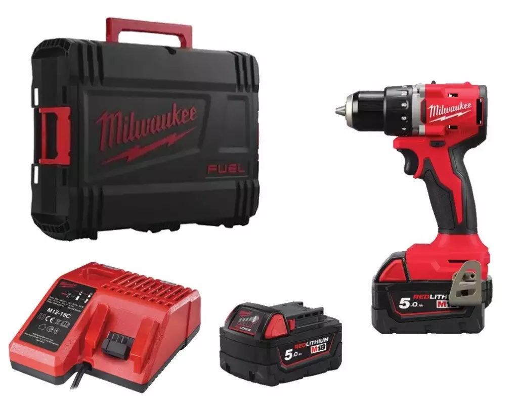 Perceuse visseuse 18 volts brushless M18 BLDDRC-502C - MILWAUKEE - avec 2 batteries 5,0 AH 18V - chargeur - HD Box - 4933492835
