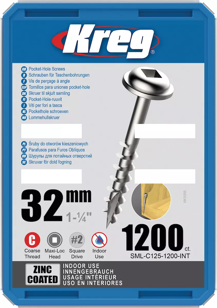 Vis à trous de poche 32 mm Revêtu de Zinc Maxi-Loc, Filetage épai, 1200 - KREG - SML-C125-1200-INT