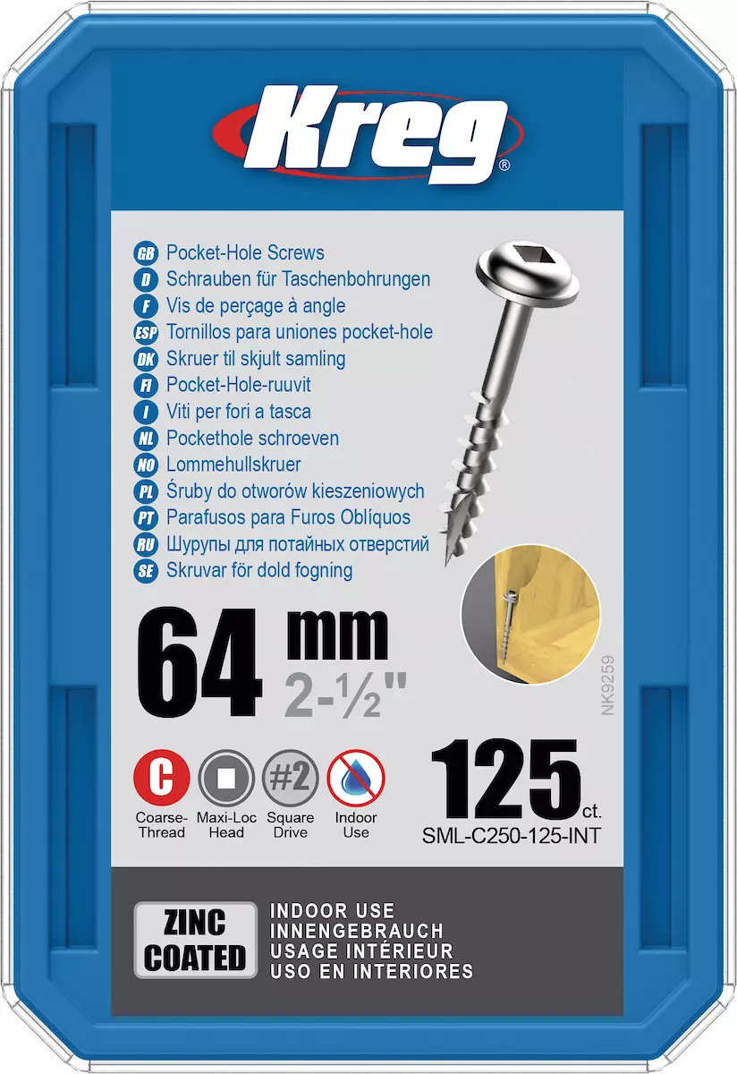 Vis à trous de poche 64 mm Revêtu de Zinc Maxi-Loc, Filetage épai, 125 - KREG - SML-C250-125-INT