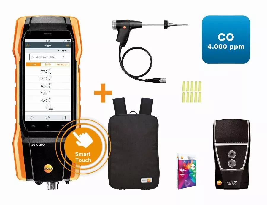 Testo 300 initial avec imprimante + connecteur bluetooth + sac à dos, O2, CO jusqu’à 4 000 ppm - TESTO - 0564 3002 96