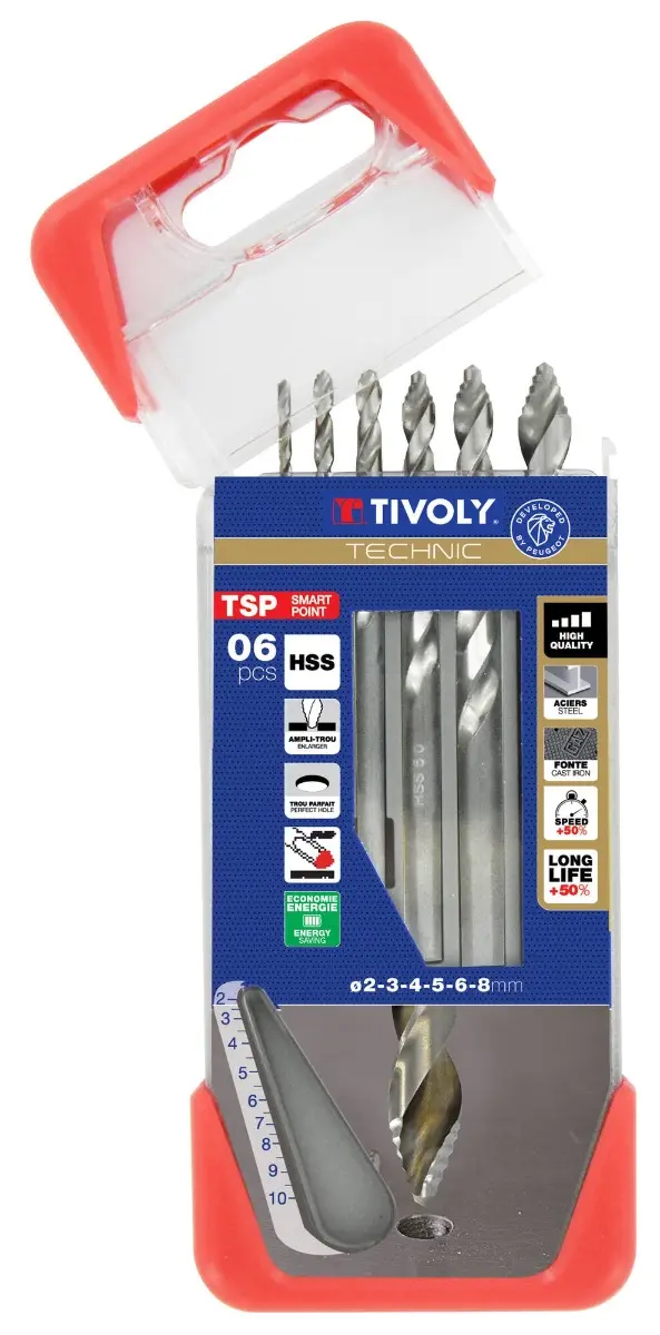 6 forets métaux Premium TSP HSS taillé meulé - affûtage étagé - Ø 1 à 8 mm - TIVOLY - 11457070002