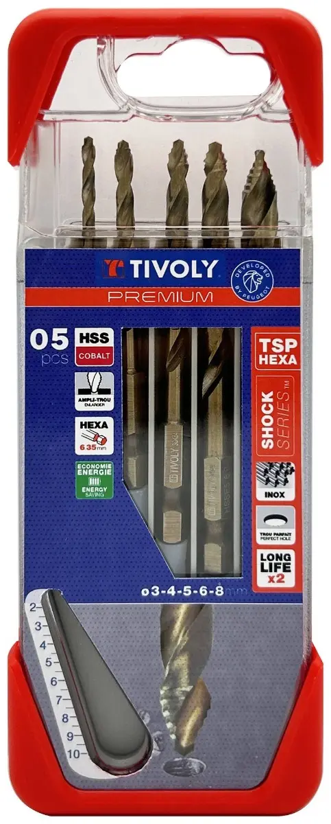5 Forets métaux TSP HSS Cobalt taillés meulés - Queue hexagonale 6,35 mm - Affûtage étagé - Ø 3 à 8 mm - En coffret - TIVOLY - 11457370002