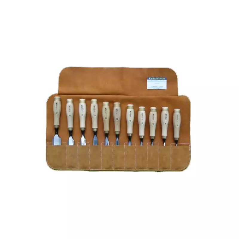 Trousse en cuir de 11 ciseaux à bois - EMILE PEYRON - 1111C