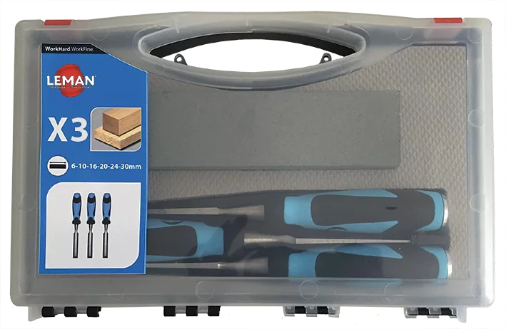 Coffret de 3 ciseaux à bois LEMAN manche bi matière + 1 pierre - 780.500.03