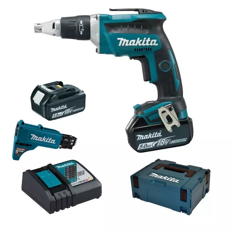 Visseuse automatique 18V - 25 à 55 mm - MAKITA - avec 2 batteries 18V 5Ah - chargeur - chargeur vis - MakPac - DFS452TJX2