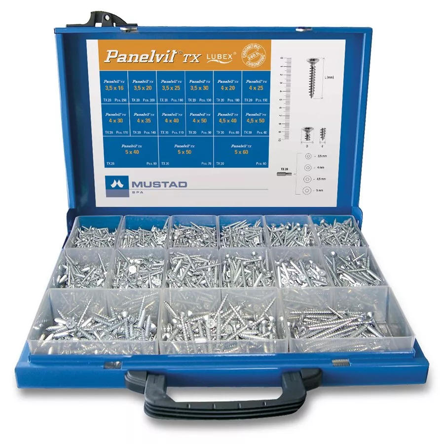 Coffret métallique assorti de vis Panelvit tête fraisée TX MUSTAD Chromiting - MBPV001501910C8