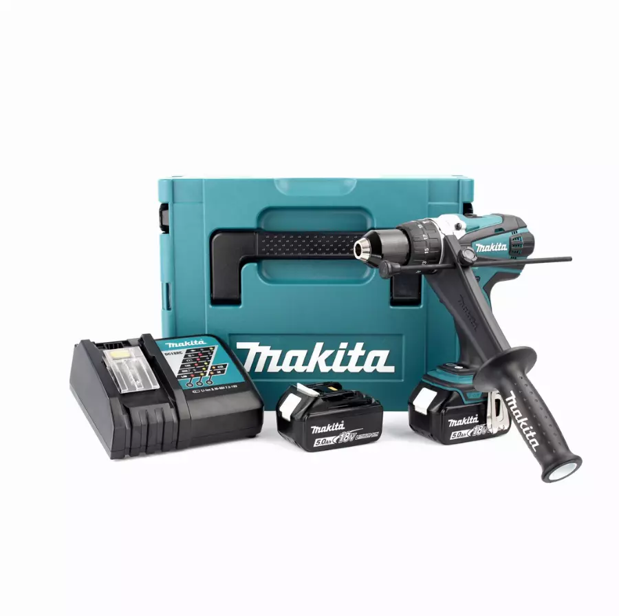 Perceuse visseuse à percussion Ø13mm - MAKITA - avec 2 batteries 18V 5.0 Ah - chargeur - MakPac- DHP458RTJ